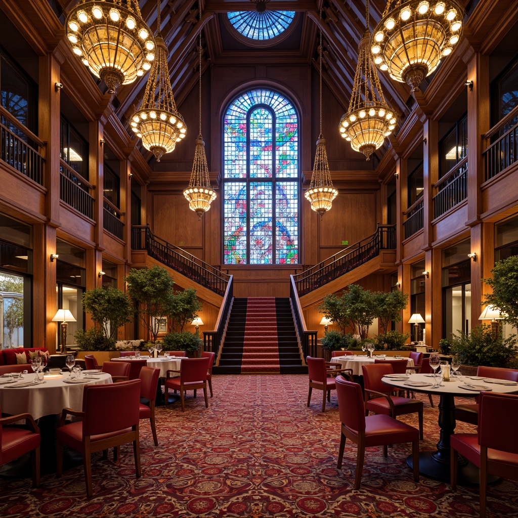 Prompt: Vibrant dining hall, majestic high ceiling, ornate chandeliers, elegant tables, refined chairs, luxurious carpets, rich wood paneling, grand staircase, stunning stained glass windows, kaleidoscope colors, intricate patterns, Gothic-inspired design, warm ambient lighting, soft diffused glow, 1/1 composition, symmetrical view, realistic reflections, subtle color grading.