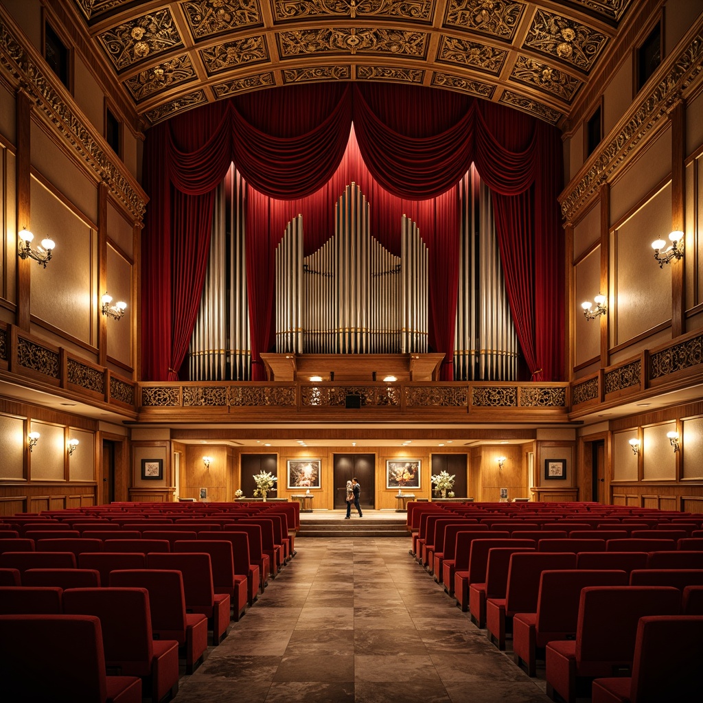 Prompt: Opulent concert hall, intricately carved wooden panels, rich velvet drapes, gilded ornate mirrors, ornamental chandeliers, plush red seating, polished marble floors, grandiose pipe organ, acoustic absorption panels, sound diffusers, warm golden lighting, shallow depth of field, 1/2 composition, soft focus effect, realistic textures, ambient occlusion.