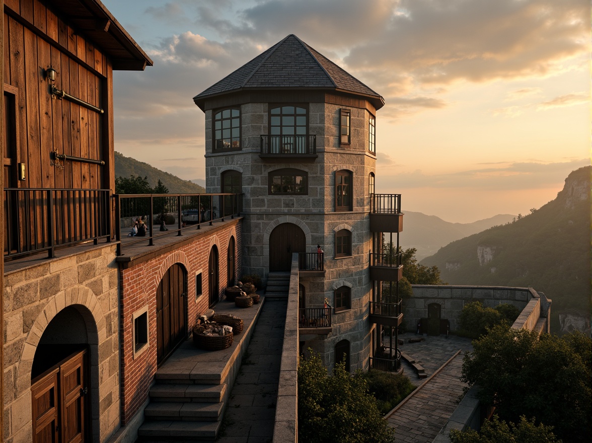 Prompt: Watchtower with stone walls, narrow windows, wooden doors, iron hinges, rustic metal roofs, weathered brick fa\u00e7ades, fortified corners, elevated platforms, winding staircases, observation decks, panoramic views, dramatic skies, warm golden lighting, atmospheric fog, 1/1 composition, cinematic camera angles, detailed textures, ambient shading.