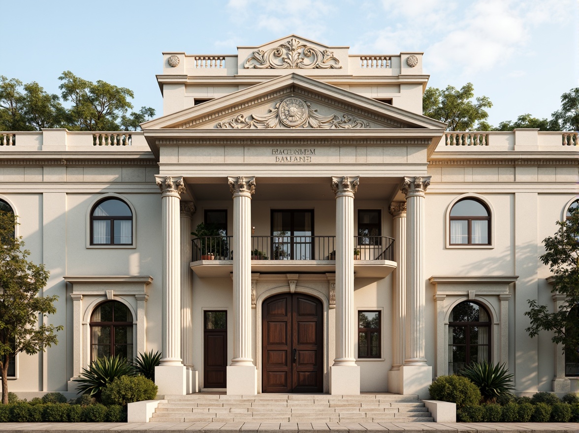 Prompt: Grand neoclassical facade, ornate details, Ionic columns, symmetrical composition, balanced proportions, grand entrance, carved stone decorations, intricate moldings, decorative pilasters, rusticated base, classical pediment, arched windows, ornate doorways, subtle color palette, creamy whites, soft grays, golden accents, warm afternoon lighting, slight camera angle, 1/2 composition, realistic textures, ambient occlusion.