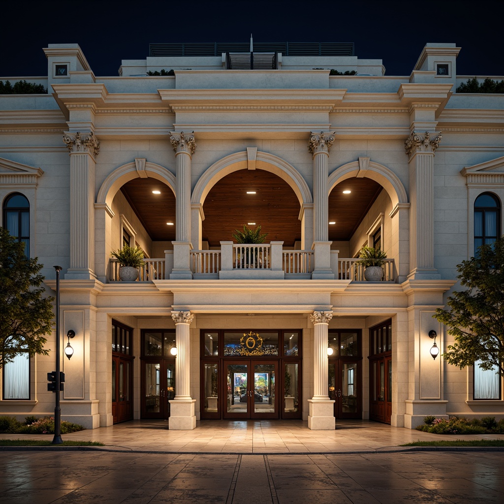 Prompt: Grandiose soccer stadium, neoclassical facade, ornate stone columns, architrave details, majestic entrance gates, symmetrical composition, golden ratio proportions, creamy white marble, rich brown wood accents, vintage bronze fixtures, intricate moldings, dramatic nighttime lighting, softbox illumination, 1/2 composition, low-angle shot, realistic reflections, ambient occlusion.