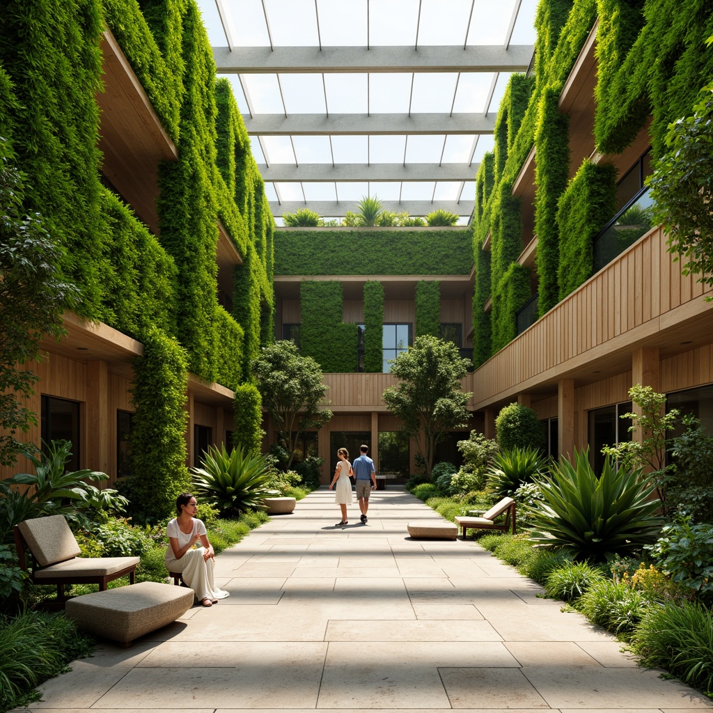 Prompt: Vibrant green walls, organic forms, natural stone floors, wooden accents, living roofs, lush vegetation, sunlight pouring in, clerestory windows, open atrium, minimalist decor, earthy tones, recycled materials, sustainable design, warm ambiance, soft shadows, 1/1 composition, realistic textures, ambient occlusion.