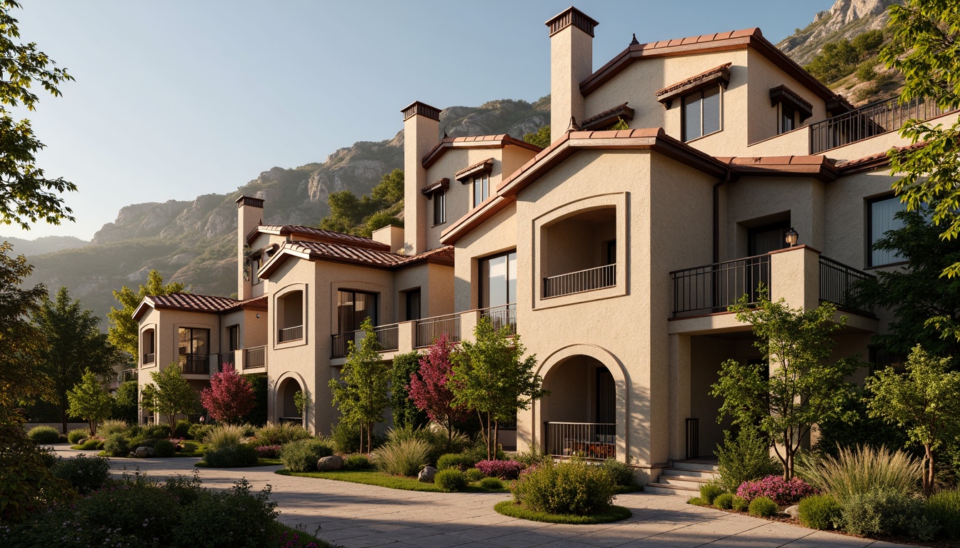 Prompt: Romanesque homes, curved rooflines, terracotta tiles, ornate chimneys, grandiose facades, arched windows, rustic stone walls, earthy color palette, lush greenery, blooming vines, sunny afternoon, warm golden lighting, shallow depth of field, 1/2 composition, realistic textures, ambient occlusion.