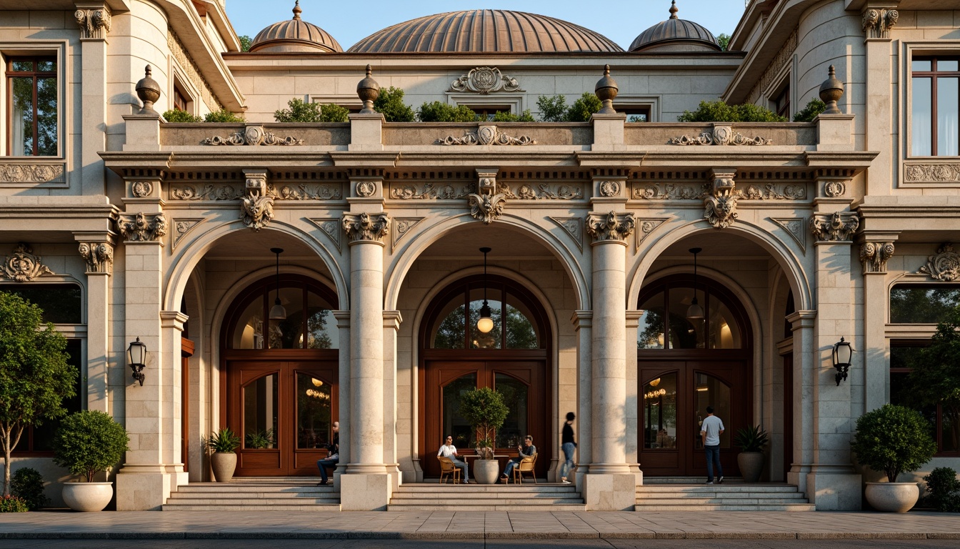 Prompt: Ornate bank facade, rusticated stone walls, arched windows, ornamental columns, intricate carvings, grand entranceways, majestic domes, copper roofing, weathered bronze details, symmetrical composition, warm golden lighting, subtle shadows, high contrast ratio, 1/2 camera angle, classical Renaissance-inspired motifs, richly textured stonework, subtle wear and tear effects, aged metal fixtures.