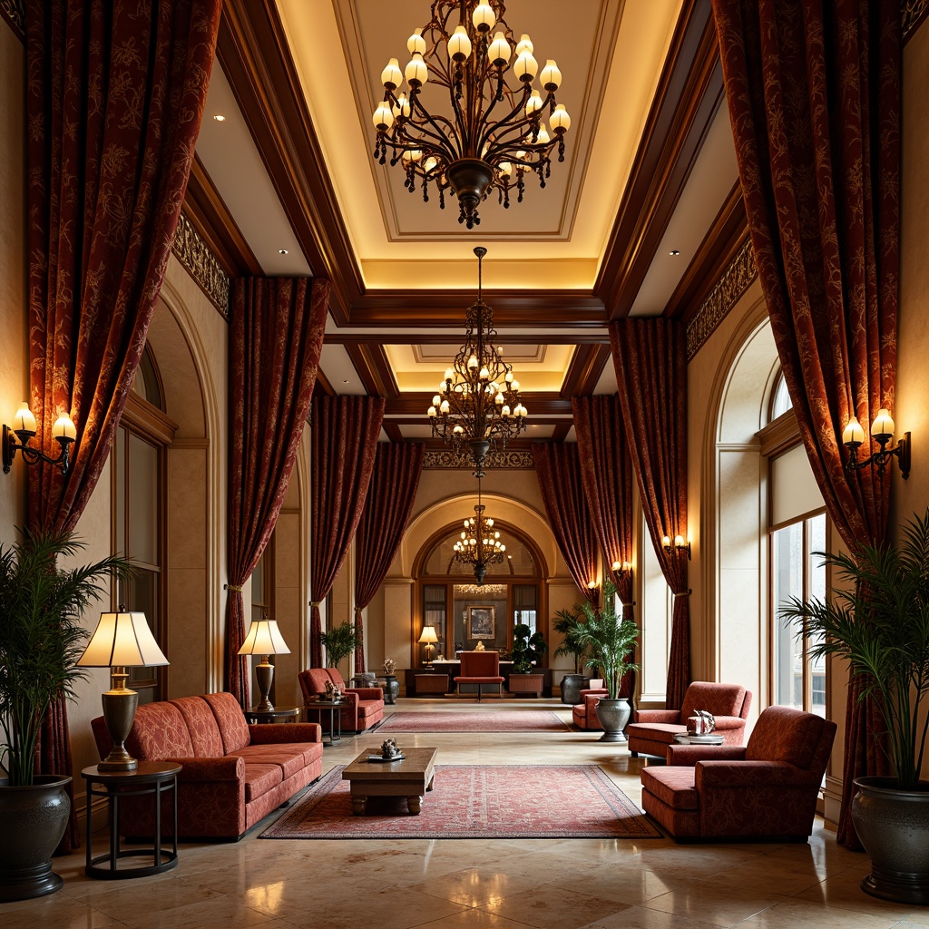 Prompt: Luxurious hotel lobby, ornate Renaissance-style furnishings, rich velvet fabrics, intricate gold embroidery, lavish drapes, grand chandeliers, polished marble floors, ornamental columns, classical arches, elegant wooden paneling, refined metal accents, subtle patterned rugs, warm golden lighting, soft focus, shallow depth of field, 1/2 composition, atmospheric perspective, realistic textures, ambient occlusion.