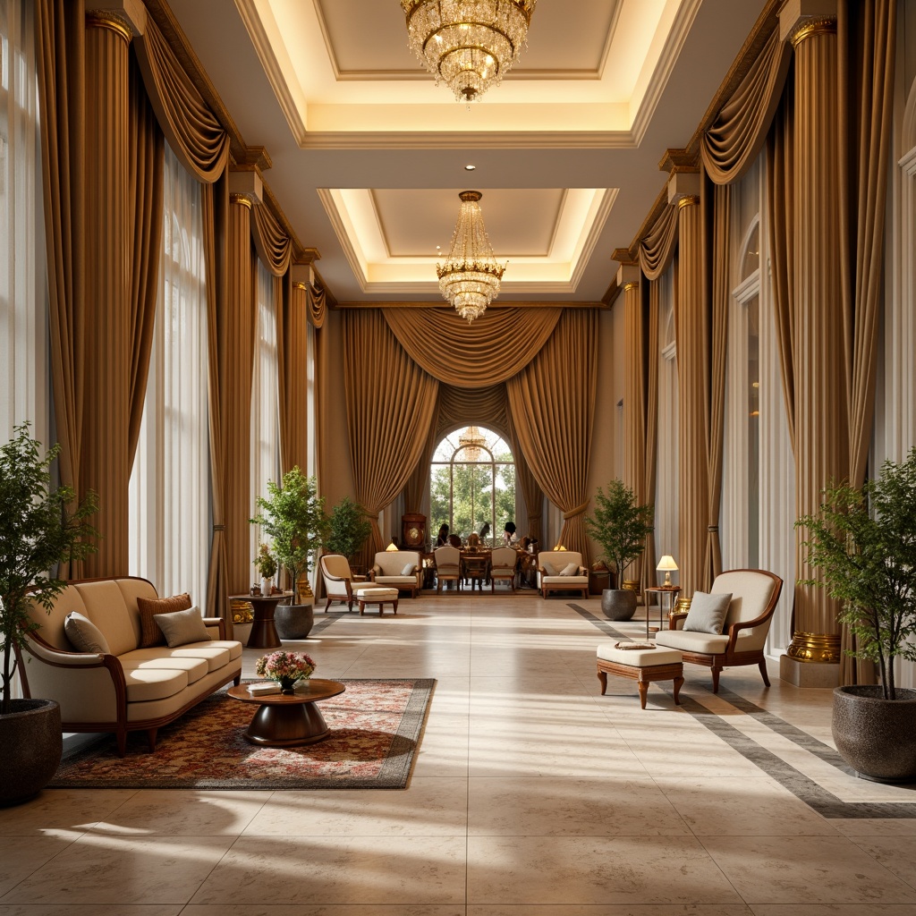 Prompt: Luxurious hotel lobby, marble floors, ornate columns, gilded details, velvet drapes, crystal chandeliers, intricately carved wooden furniture, soft golden lighting, subtle gradient shading, high-contrast reflections, 1/1 composition, symmetrical framing, elegant curved lines, lavish furnishings, rich fabrics, neoclassical patterns, subtle worn edges, warm beige tones, creamy whites, opulent atmosphere.