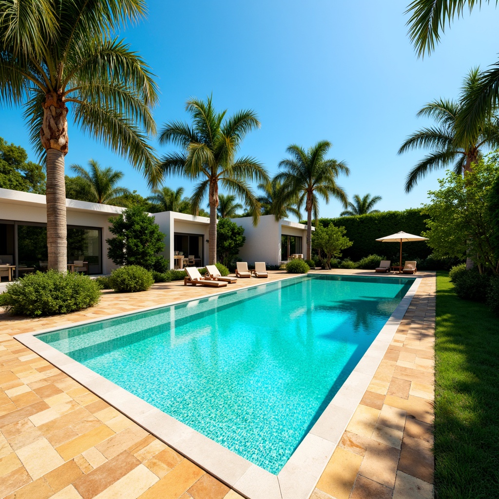 Prompt: Vibrant turquoise water, sleek modern pool design, surrounding lush greenery, warm beige coping stones, colorful mosaic tiles, tropical palm trees, sunny day, bright blue sky, refreshing outdoor ambiance, shallow depth of field, 3/4 composition, panoramic view, realistic water textures, ambient occlusion.