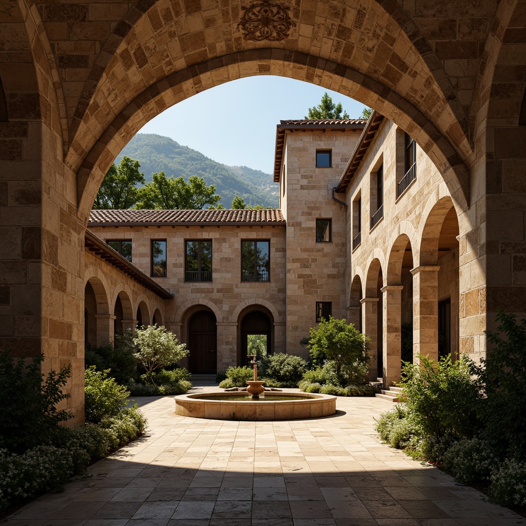 Prompt: Rustic stone walls, rounded arches, thick columns, ornate carvings, grand entrances, vaulted ceilings, stained glass windows, intricate mosaics, weathered copper roofs, cloistered courtyards, serene fountain spaces, lush greenery, warm golden lighting, low-angle sunlight, shallow depth of field, 2/3 composition, atmospheric perspective, realistic textures.