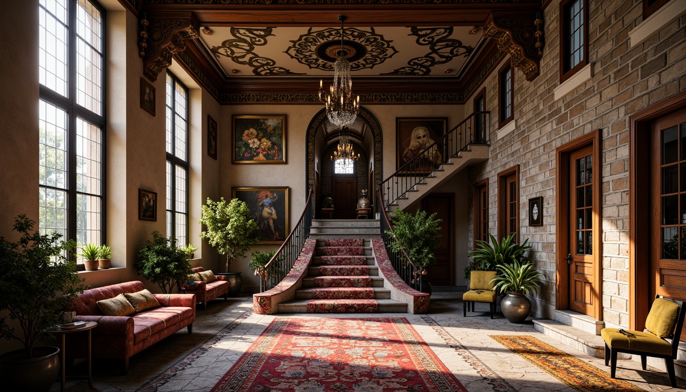 Prompt: Eclectic mansion, asymmetrical facade, ornate decorations, mixed materials, stone walls, brick accents, wooden doors, stained glass windows, grand entrance hall, sweeping staircase, lavish chandeliers, intricate moldings, vibrant color schemes, bold patterns, eclectic furniture pieces, plush rugs, opulent textiles, abundant natural light, warm cozy atmosphere, dramatic shadows, low-angle shot, cinematic composition, high-contrast lighting, rich textures, atmospheric rendering.