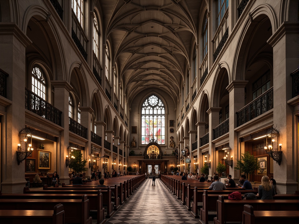 Prompt: Majestic cathedral interior, soaring vaulted ceilings, ribbed arches, stained glass windows, intricate stone carvings, grandiose chandeliers, ornate pews, rich wood tones, luxurious velvet fabrics, mystical atmosphere, soft warm lighting, dramatic shadows, 3/4 composition, symmetrical framing, realistic textures, ambient occlusion.