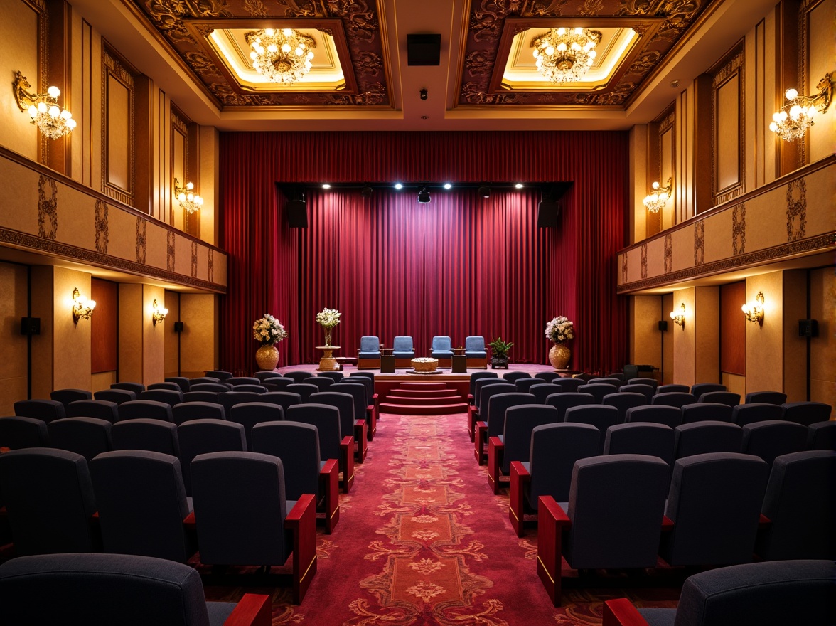 Prompt: Vibrant theater interior, rich velvet curtains, luxurious golden accents, warm beige walls, deep blue seats, soft crimson carpeting, dramatic spotlights, elegant chandeliers, ornate moldings, classic wooden panels, sophisticated sound systems, immersive cinematic experience, high-contrast color scheme, bold geometric patterns, opulent fabrics, refined metallic details, glamorous atmosphere, warm white lighting, shallow depth of field, central composition.