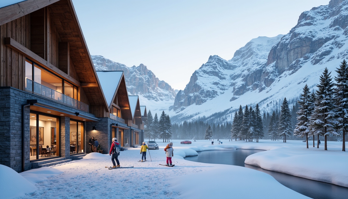 Prompt: Snow-capped mountains, icy blue hues, frosty whites, warm wooden accents, rustic stone walls, modern angular lines, sleek metal beams, vibrant ski equipment, colorful winter apparel, snowy pine trees, frozen lakes, misty morning atmosphere, soft warm lighting, shallow depth of field, 1/2 composition, realistic textures, ambient occlusion.