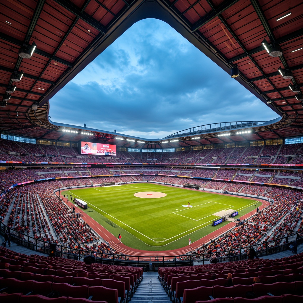 Prompt: Vibrant stadium interior, bold team colors, dynamic LED lighting, energetic atmosphere, tiered seating, sleek metal railings, polished concrete floors, retractable roofs, natural grass fields, athletic tracks, modern scoreboards, futuristic architecture, geometric patterns, contrasting color schemes, warm ambient lighting, shallow depth of field, 1/1 composition, panoramic view, realistic textures, ambient occlusion.