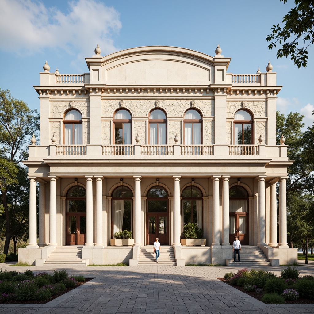 Prompt: Grandiose neoclassical building, symmetrical facade, ornate columns, carved marble details, rusticated stone walls, arched windows, pedimented rooflines, classical proportions, balanced composition, harmonious scale, subtle color palette, creamy whites, soft grays, earthy browns, natural light, warm afternoon sun, shallow depth of field, 2/3 composition, atmospheric perspective, realistic textures, ambient occlusion.