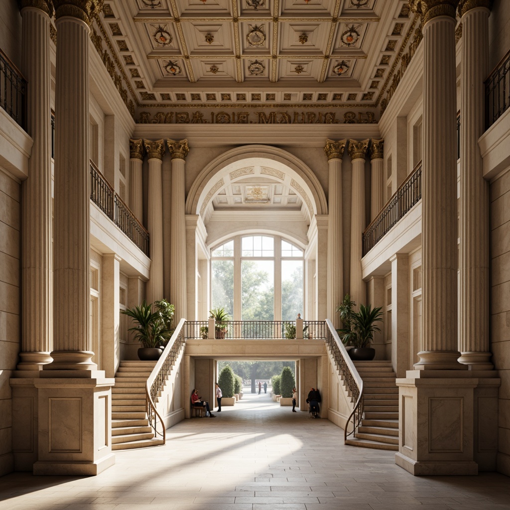 Prompt: Elegant neoclassical building, symmetrical facade, ornate columns, carved stone details, balanced proportions, harmonious composition, grand entrance, sweeping staircases, high ceilings, decorative moldings, subtle color palette, natural light pouring in, soft warm glow, shallow depth of field, 2/3 composition, realistic textures, ambient occlusion.