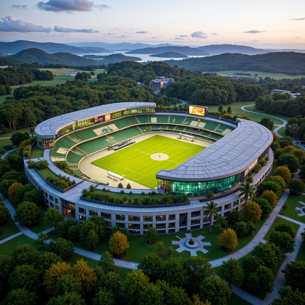 Prompt: Vibrant sports stadium, lush green roof, undulating landscape, winding trails, scenic overlooks, natural stone fa\u00e7ade, curved architecture, cantilevered seating areas, transparent glass walls, panoramic views, dynamic LED lighting, futuristic design, sustainable materials, rainwater harvesting systems, green roofs, eco-friendly infrastructure, innovative ventilation systems, misting concourses, abstract patterned flooring, warm ambient lighting, shallow depth of field, 1/1 composition.