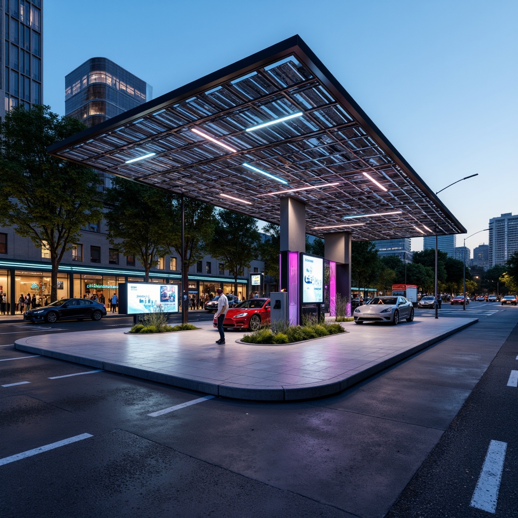 Prompt: Modern charging station, sleek metal canopy, futuristic design, neon lights, urban landscape, busy streets, electric vehicle parking, charging points, digital displays, real-time monitoring, sustainable energy solutions, solar panels, green roofs, eco-friendly materials, innovative cooling technologies, shaded outdoor spaces, misting systems, angular lines, minimalist aesthetic, vibrant colorful accents, high-tech equipment, efficient layout, easy accessibility, clear wayfinding, intuitive user interface, panoramic view, realistic textures, ambient occlusion.