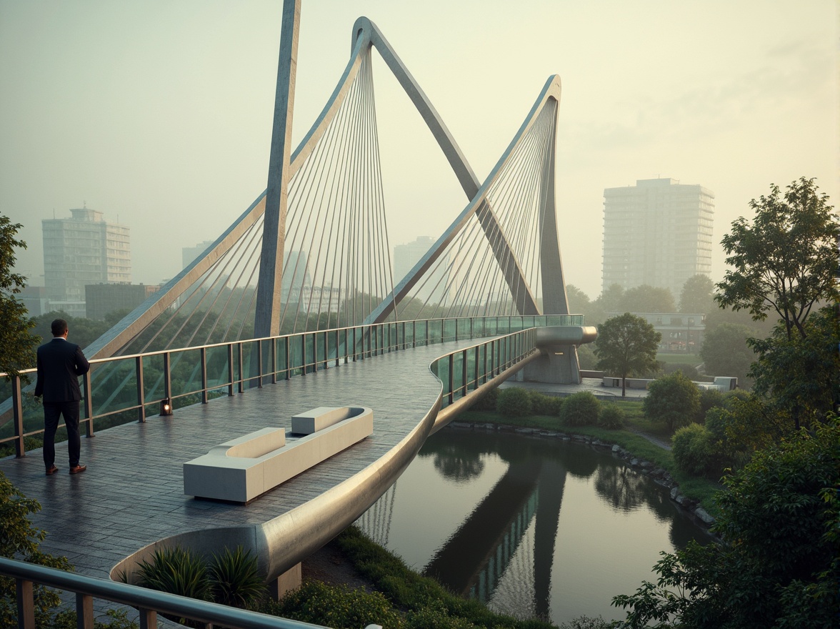 Prompt: Futuristic bridge design, sleek suspension cables, gleaming steel beams, translucent glass railings, iridescent LED lighting, undulating wave-like structure, dynamic arches, cantilevered sections, sustainable eco-friendly materials, recycled plastic components, self-healing concrete, advanced composites, carbon fiber reinforcements, durable weather-resistant coatings, misty morning atmosphere, soft golden lighting, shallow depth of field, 2/3 composition, cinematic view, realistic reflections.