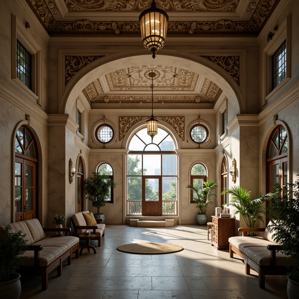 Prompt: Intricate arched windows, ornate stone carvings, soft warm lighting, serene healthcare atmosphere, Byzantine-inspired architecture, grand entrance halls, high ceilings, elegant chandeliers, polished marble floors, rustic wooden doors, vintage medical equipment, cozy patient rooms, natural ventilation systems, abundant natural light, subtle color palette, harmonious architectural proportions, symmetrical composition, realistic textures, ambient occlusion.