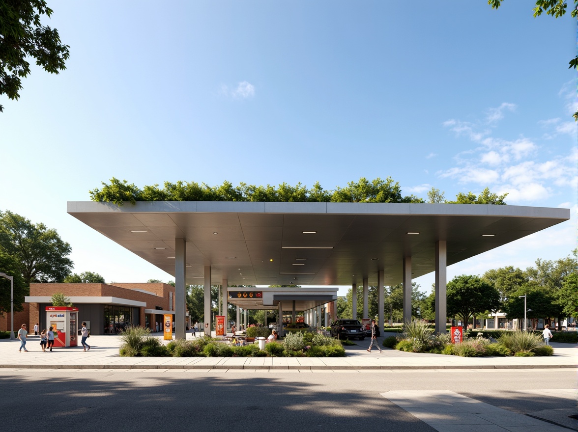 Prompt: Modern gas station, sleek metallic canopy, green roof integration, native plant species, permeable pavement, rainwater harvesting system, LED lighting, angular architectural lines, minimalist design, eco-friendly materials, shaded outdoor spaces, misting systems, natural stone accents, vibrant colorful signage, intricate geometric motifs, sunny day, soft warm lighting, shallow depth of field, 3/4 composition, panoramic view, realistic textures, ambient occlusion.