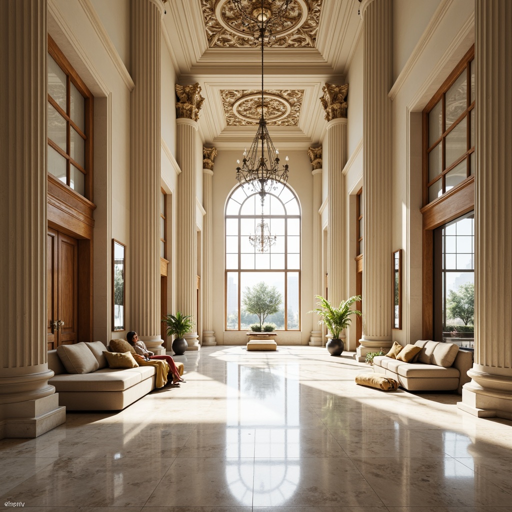 Prompt: Grand neoclassical facade, symmetrical composition, ornate columns, intricate carvings, marble flooring, high ceilings, spacious interior, natural light pouring in, elegant chandeliers, refined furnishings, luxurious textiles, subtle color palette, cream tones, golden accents, subtle patterning, classic proportions, balanced harmony, 1/1 aspect ratio, shallow depth of field, warm soft lighting, realistic reflections.