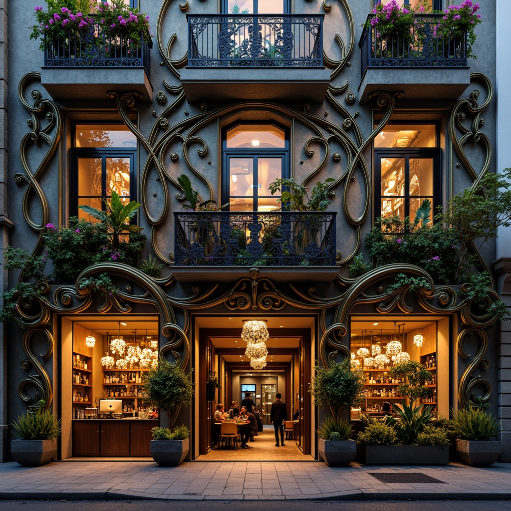 Prompt: Ornate bar facade, swirling floral patterns, sinuous lines, organic forms, flowing curves, golden accents, rich jewel tones, stained glass windows, intricate metalwork, ornamental balconies, grand entrance, lavish decorations, warm soft lighting, shallow depth of field, 1/1 composition, realistic textures, ambient occlusion.