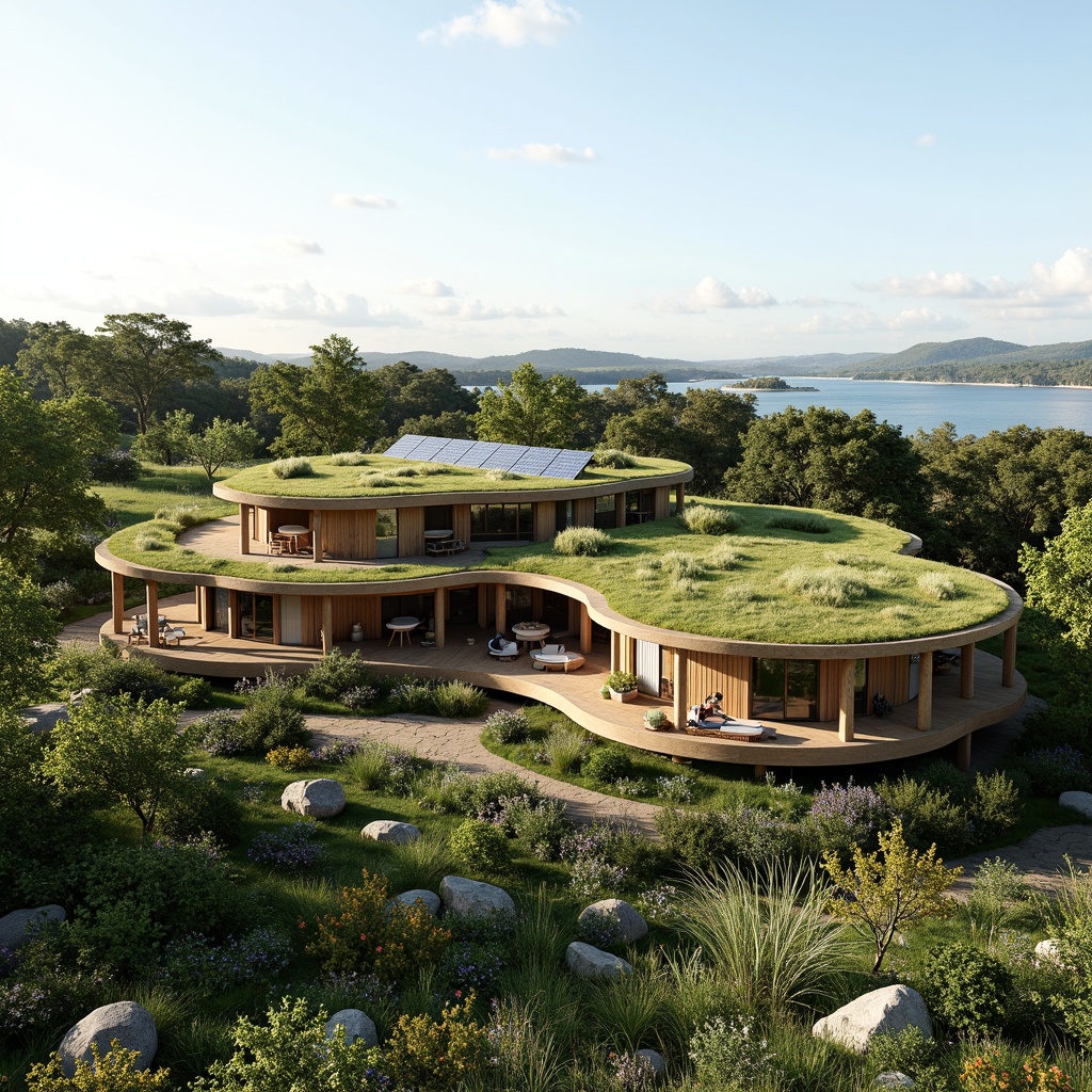 Prompt: Eco-friendly building, green roof, solar panels, rainwater harvesting system, natural ventilation, passive design strategies, site-sensitive architecture, organic curves, earthy tones, native plant species, wildlife habitats, outdoor recreational spaces, walking trails, scenic overlooks, minimal site disturbance, context-responsive design, adaptive reuse, reclaimed wood accents, low-carbon footprint, net-zero energy, panoramic views, soft natural lighting, 1/1 composition, realistic textures, ambient occlusion.