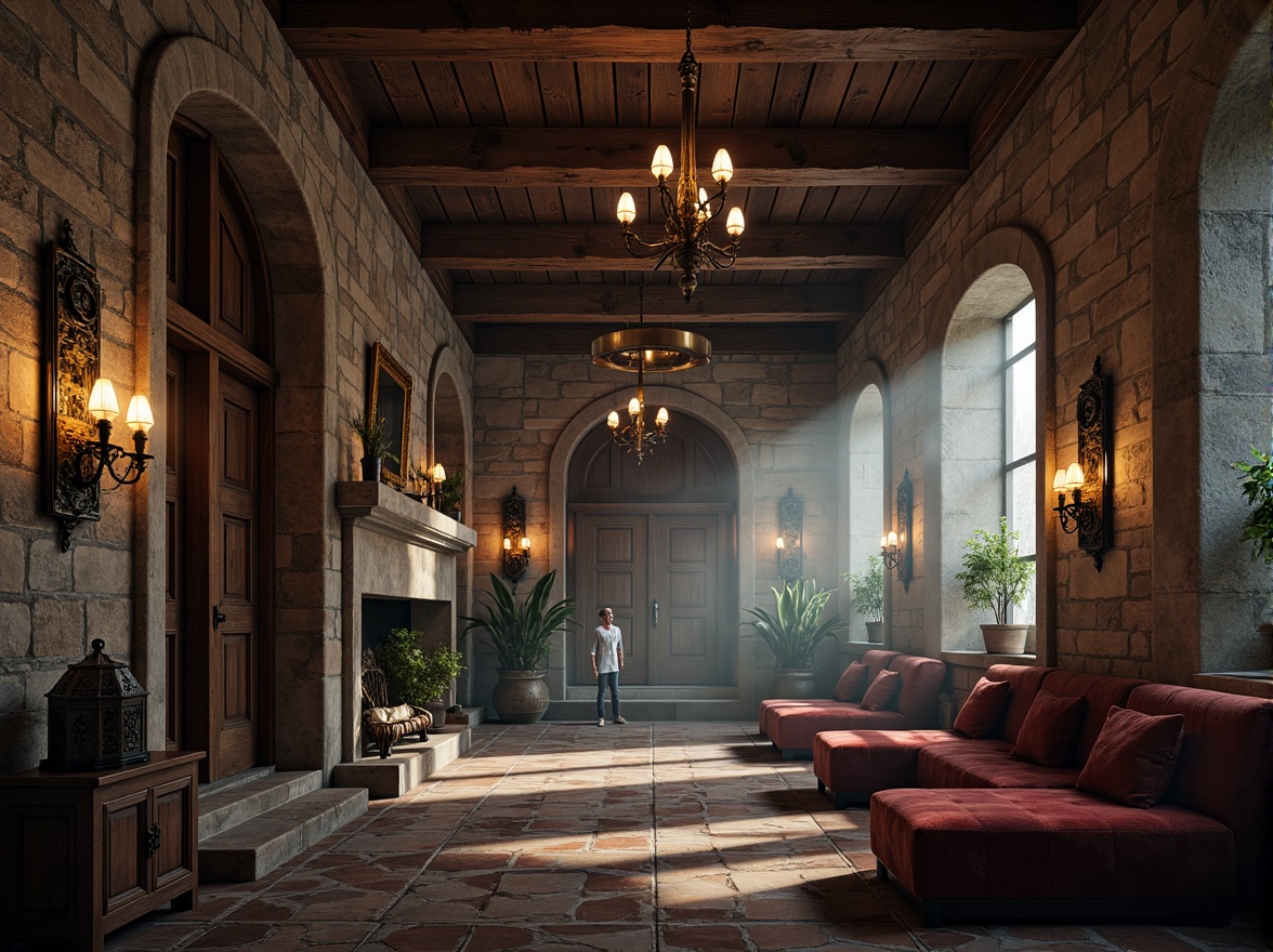 Prompt: Rustic stone walls, weathered wooden beams, distressed metal accents, rich velvet fabrics, ornate tile patterns, intricately carved wooden ornaments, grandiose chandeliers, warm candlelight, atmospheric fog, mysterious shadows, dramatic high ceilings, symmetrical archways, opulent furnishings, luxurious materials, refined elegance, sophisticated ambiance, cinematic lighting, 1/1 composition, shallow depth of field.