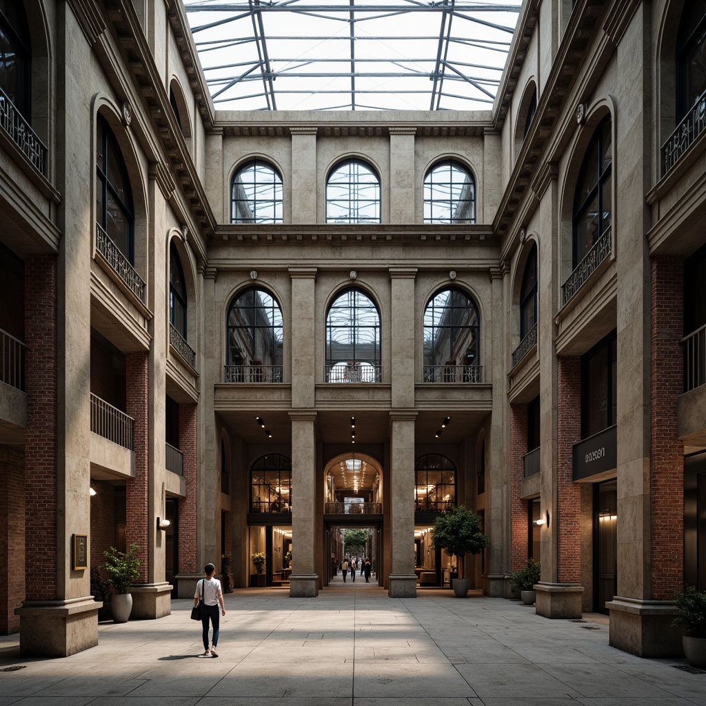 Prompt: Industrial factory building, neoclassical facade, ornate details, grand entrance, Corinthian columns, symmetrical composition, rusticated stone walls, arched windows, decorative metalwork, vintage industrial equipment, exposed brick interior, high ceilings, large skylights, soft natural lighting, shallow depth of field, 1/1 composition, realistic textures, ambient occlusion.