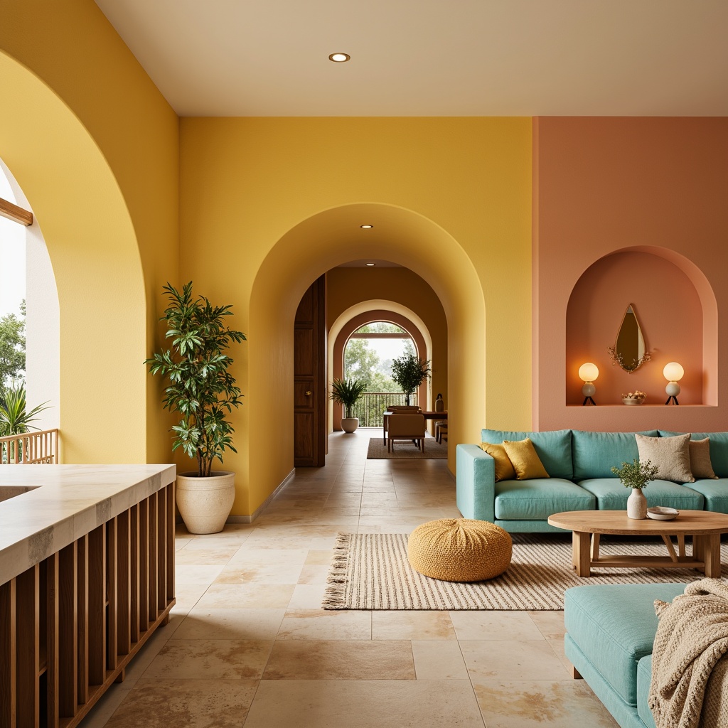 Prompt: Vibrant yellow walls, soft peach accents, calming turquoise furniture, rich brown wood tones, creamy white marble countertops, lush greenery, natural stone flooring, warm golden lighting, cozy throw blankets, plush area rugs, inviting entranceways, spacious open layouts, elegant curved lines, sophisticated minimalism, refreshing citrus hues, soothing pastel shades, relaxing ambiance, serene atmosphere, shallow depth of field, 1/1 composition, realistic textures.