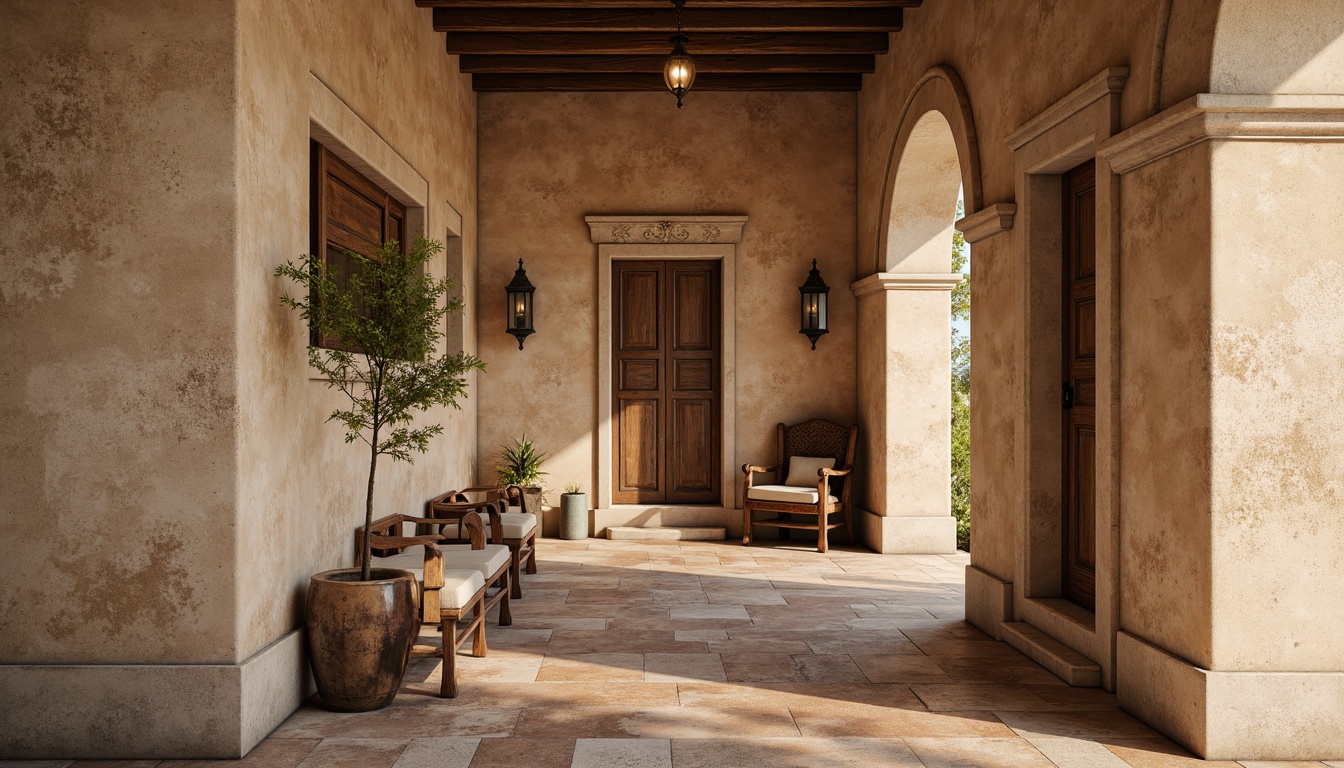 Prompt: Rustic textured walls, rough-hewn plaster surfaces, earthy color palette, natural stone accents, distressed finishes, ornate moldings, decorative archways, vintage architectural details, soft warm lighting, shallow depth of field, 3/4 composition, realistic textures, ambient occlusion, Mediterranean-inspired designs, weathered effects, subtle cracks, aged patina.