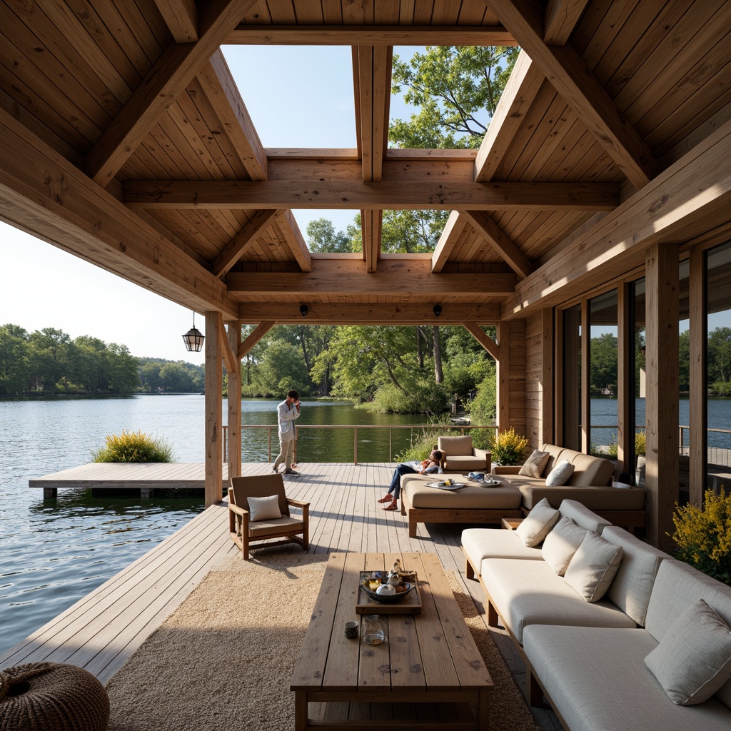 Prompt: Waterfront boathouse, wooden docks, rustic exterior, natural materials, earthy color palette, open floor plan, large windows, sliding glass doors, clerestory windows, vaulted ceiling, exposed beams, wooden accents, nautical decorations, lake or river views, surrounding foliage, lush greenery, gentle breeze, soft diffused light, shallow depth of field, 1/1 composition, realistic textures, ambient occlusion.