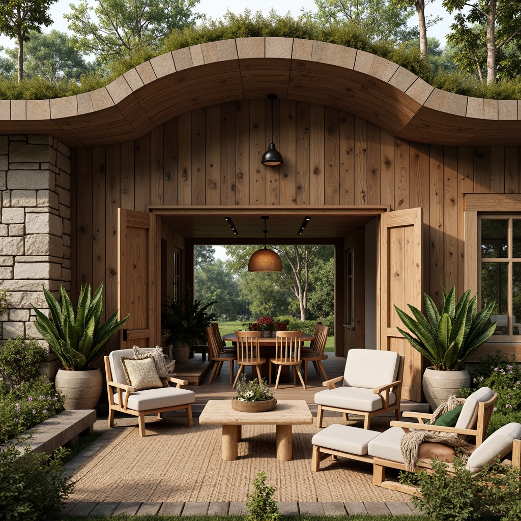 Prompt: Earth-toned cabin, wooden accents, reclaimed wood panels, natural stone walls, living green roofs, organic curves, earthy color palette, sustainable building materials, eco-friendly furniture, rattan chairs, woven bamboo textiles, jute rugs, potted plants, large windows, soft natural lighting, 1/1 composition, realistic textures, ambient occlusion.