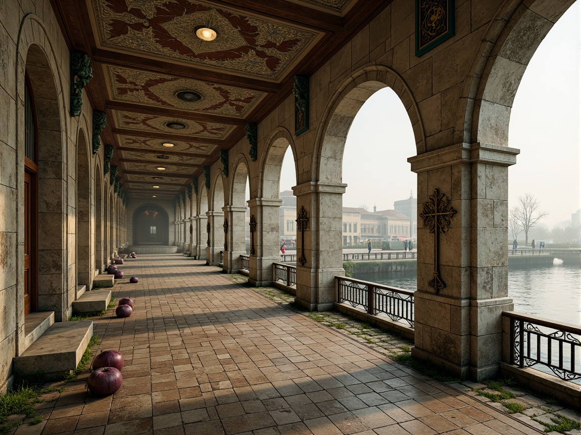 Prompt: Weathered stone arches, ornate iron railings, golden Orthodox crosses, rich turquoise accents, warm beige stonework, rustic brick textures, moss-covered piers, serene water reflections, misty morning atmosphere, soft warm lighting, shallow depth of field, 2/3 composition, symmetrical architecture, intricate mosaics, ornate carvings, Byzantine-inspired patterns.