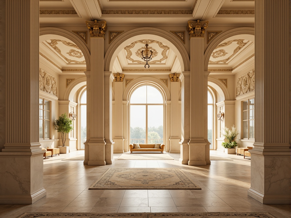 Prompt: Elegant classical architecture, cream-colored stone facades, ornate moldings, symmetrical compositions, grand entranceways, Corinthian columns, warm beige tones, soft golden lighting, subtle shading, realistic textures, ambient occlusion, 1/1 composition, shallow depth of field, panoramic view, ornamental decorations, intricate details, lavish furnishings, rich velvet fabrics, subtle patterned rugs.