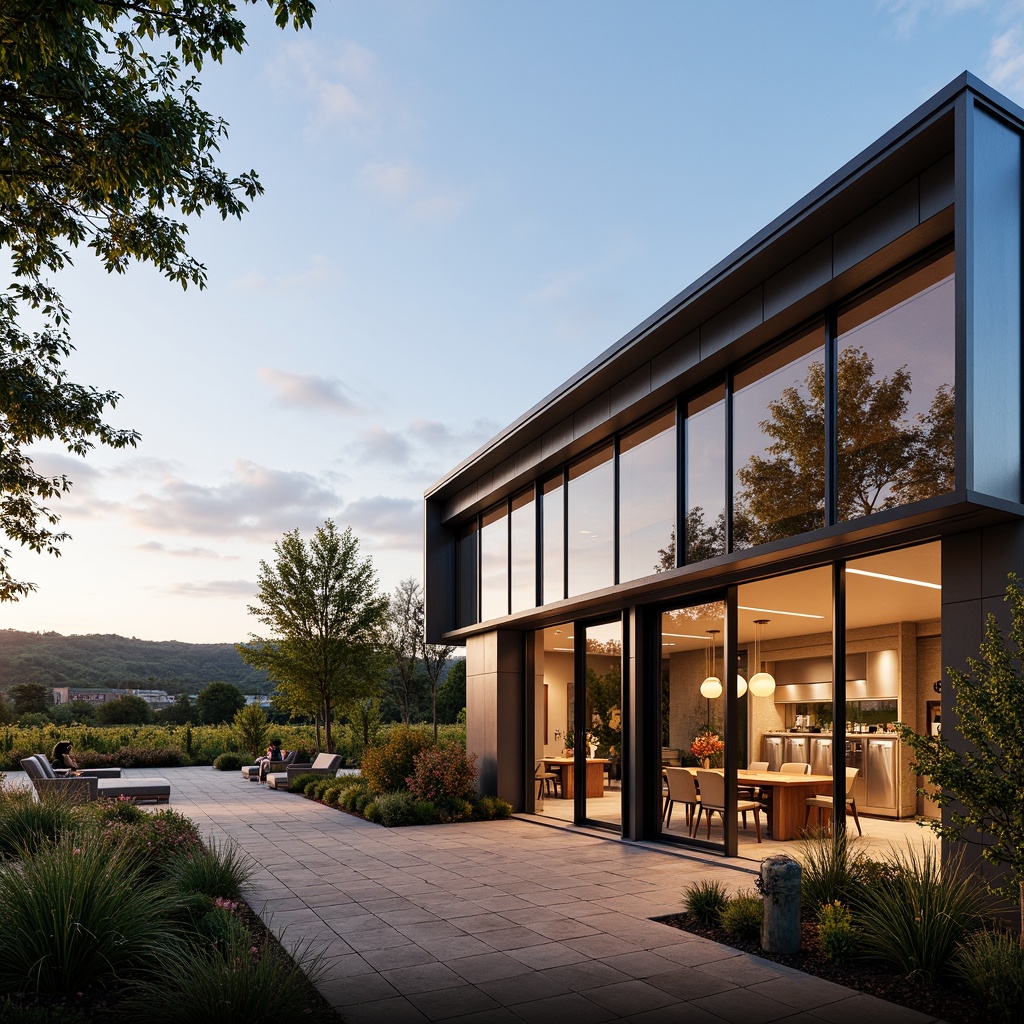 Prompt: Vibrant winery facade, modern high-tech style, sleek metal cladding, expansive glass walls, minimalist design, automated fermentation tanks, stainless steel equipment, ambient LED lighting, rustic stone accents, vineyard views, rolling hills, sunny afternoon, soft warm glow, shallow depth of field, 1/2 composition, symmetrical architecture, realistic reflections, subtle texture overlays.