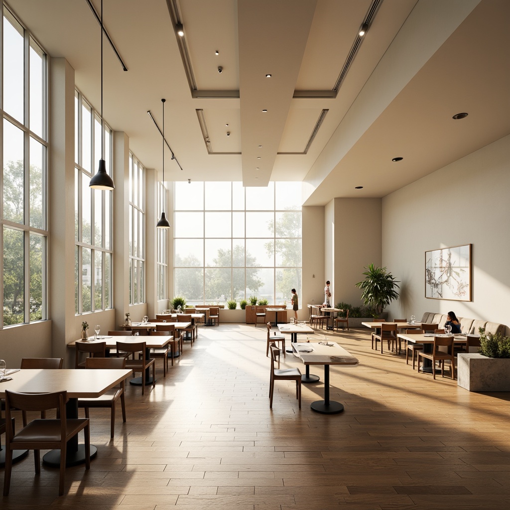 Prompt: Spacious dining hall, minimalistic interior design, open layout, high ceilings, sleek wooden floors, simple rectangular tables, modern chairs, industrial pendant lights, cream-colored walls, floor-to-ceiling windows, abundant natural light, subtle shadows, 1/1 composition, shallow depth of field, realistic textures, ambient occlusion.