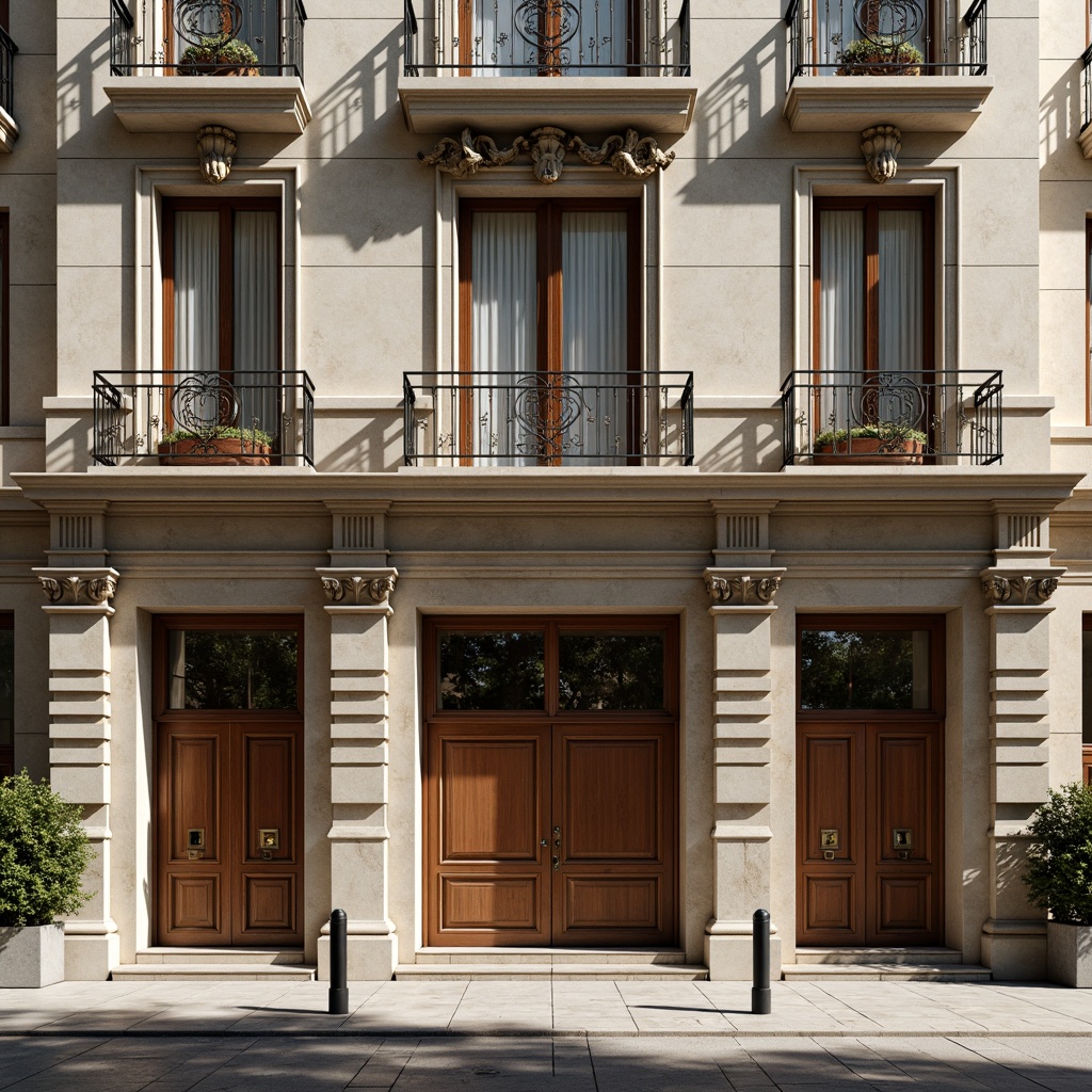 Prompt: Grand neoclassical facade, ornate details, Ionic columns, marble architraves, rusticated quoins, symmetrical composition, richly textured stone walls, intricate carved wooden doors, polished bronze hardware, elegant balconies, flowing drapery, subtle color palette, natural light filtering, warm soft shadows, 1/1 composition, atmospheric perspective, realistic material textures, ambient occlusion.