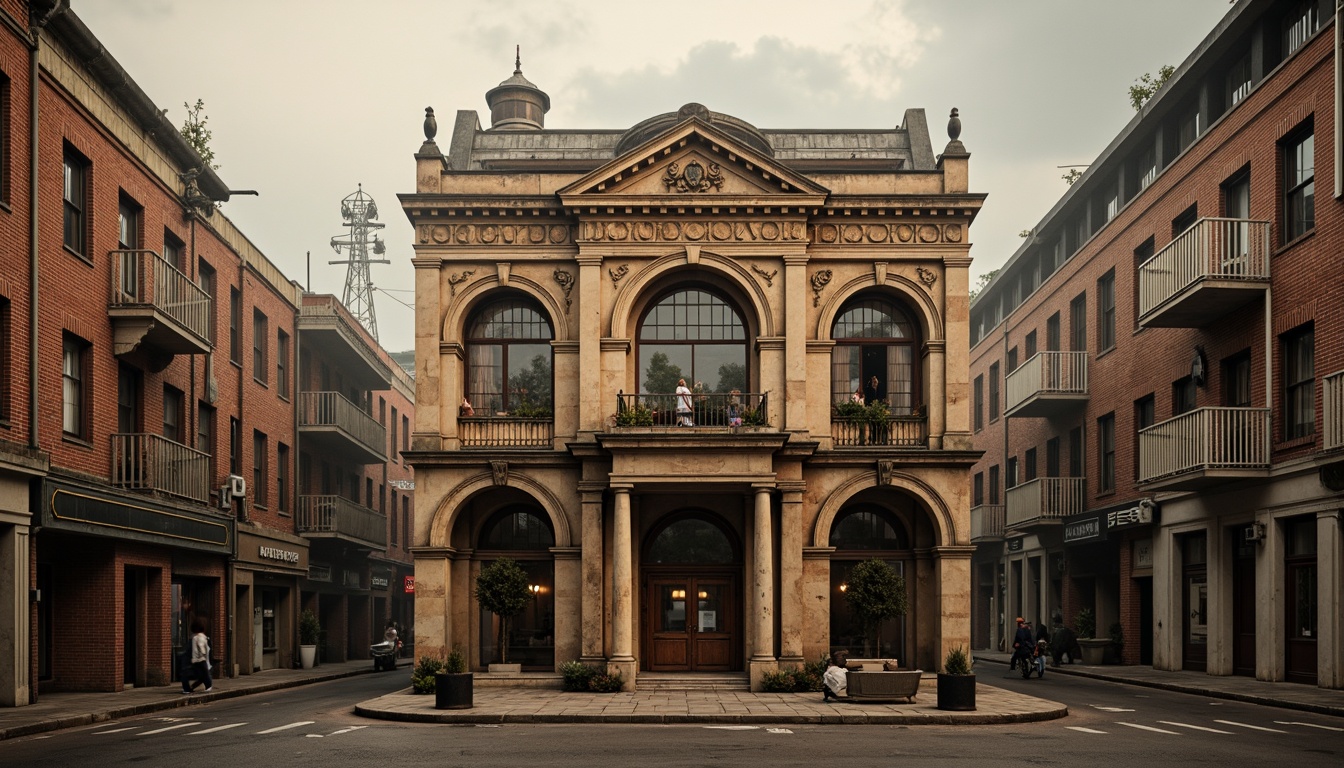 Prompt: Rustic industrial landscape, vintage factory buildings, neoclassical facade design, ornate cornices, grand archways, symmetrical compositions, distressed brick walls, metallic accents, intricate stonework, large industrial windows, decorative columns, ornamental pilasters, subtle color palette, warm golden lighting, atmospheric fog, shallow depth of field, 2/3 composition, realistic textures, ambient occlusion.