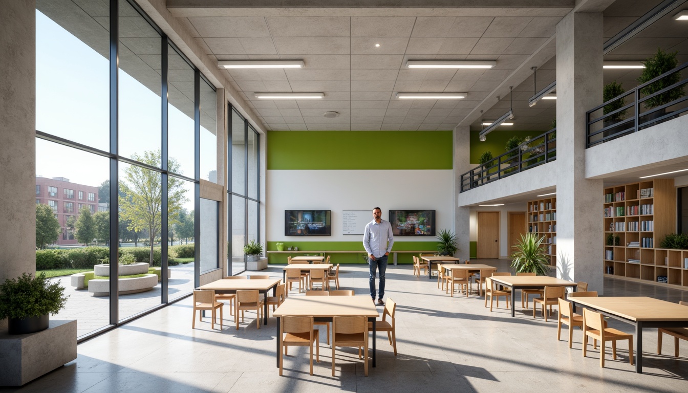 Prompt: Streamlined modern school interior, minimalist decor, neutral color palette, polished concrete floors, sleek wooden tables, ergonomic chairs, abundant natural light, floor-to-ceiling windows, sliding glass doors, open-plan classrooms, collaborative learning spaces, interactive whiteboards, digital displays, energy-efficient lighting systems, acoustic panels, sound-absorbing materials, green walls, living plants, airy corridors, functional shelving units, optimized storage solutions, minimalist teacher's desks, circular gathering areas, vibrant accent colors, dynamic spatial arrangements, 3/4 composition, shallow depth of field.