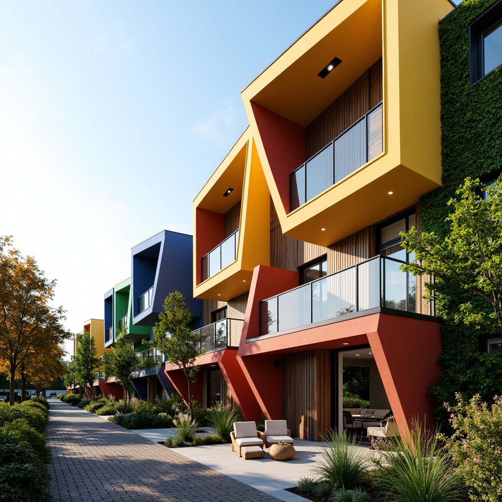 Prompt: Vibrant residential neighborhood, modern townhouses, bold color schemes, irregular balconies, dynamic angular lines, cantilevered roofs, vertical green walls, wooden accents, large windows, sliding glass doors, cozy outdoor seating areas, warm soft lighting, 3/4 composition, shallow depth of field, realistic textures, ambient occlusion.