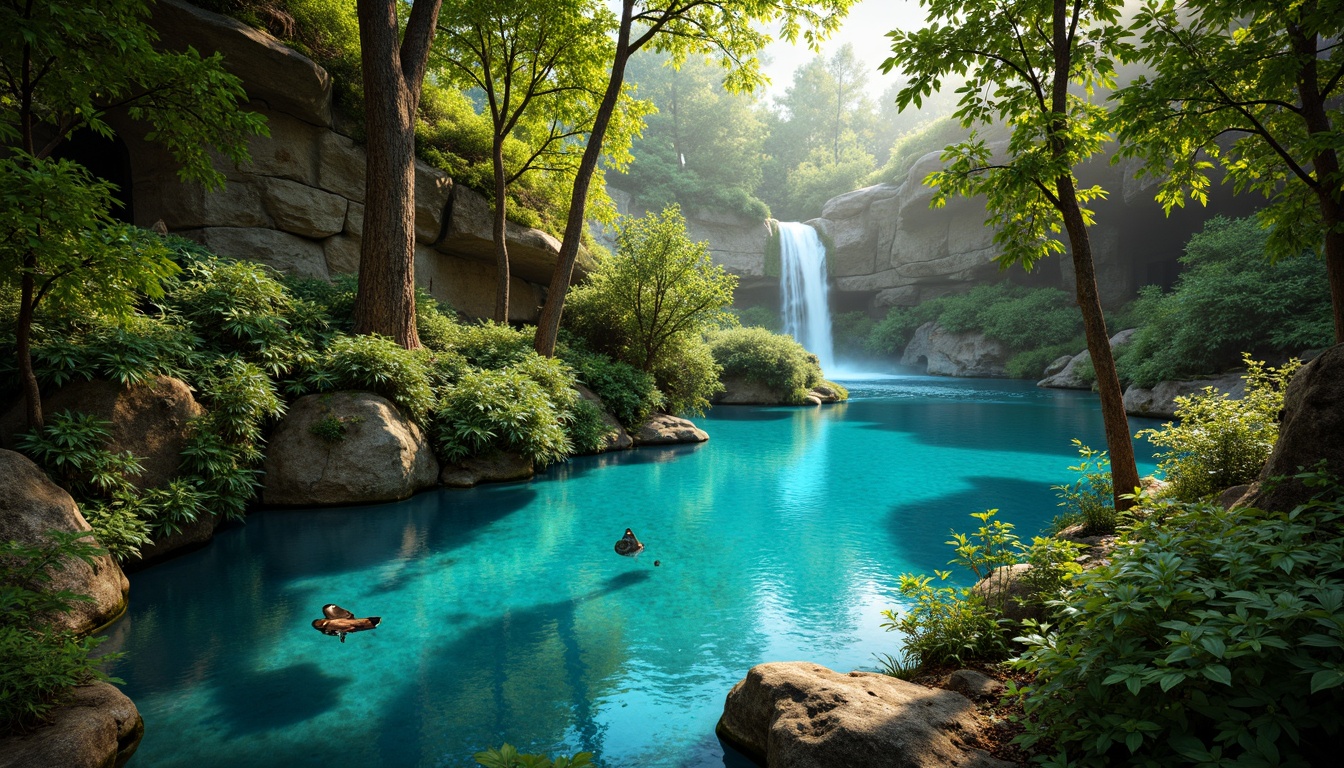 Prompt: Luxuriant sapphire-blue waters, lush green foliage, earthy brown tree trunks, vibrant turquoise accents, iridescent butterfly wings, delicate flower petals, soft misty atmosphere, warm golden sunlight, intricate branch patterns, natural stone textures, moss-covered rocks, serene forest surroundings, shallow depth of field, 1/2 composition, realistic renderings, ambient occlusion.