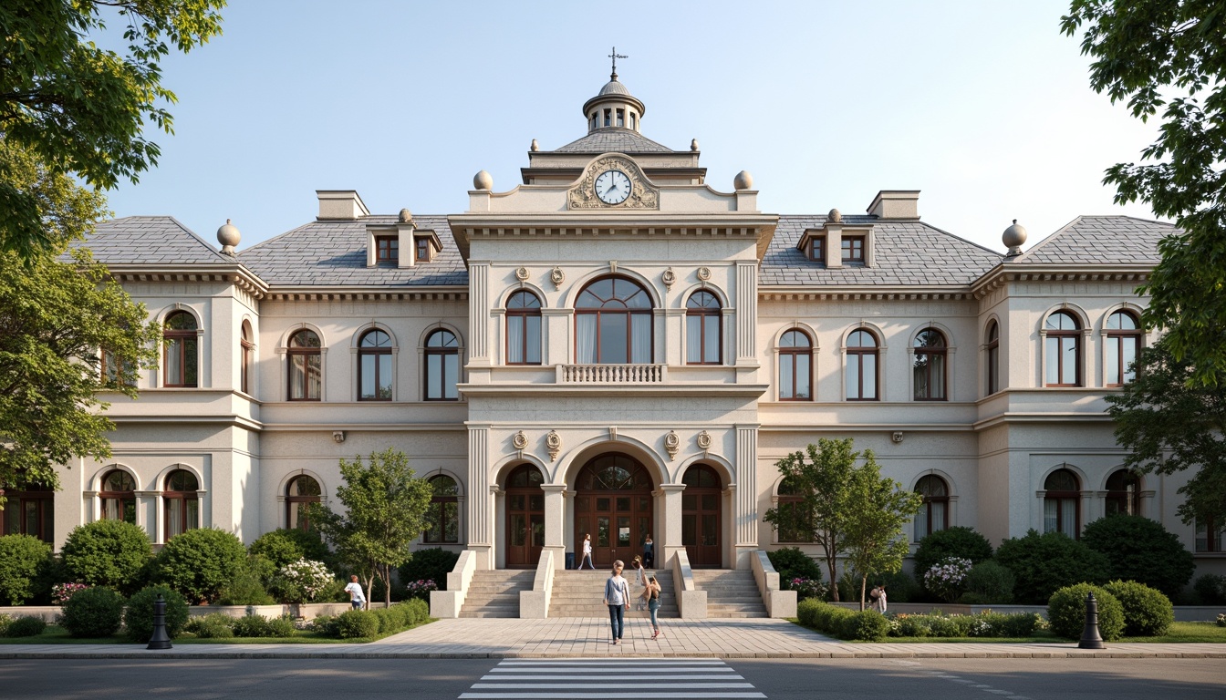 Prompt: Elegant school building, classicist fa\u00e7ade, symmetrical composition, ornate columns, carved stone details, grand entrance, arched windows, rusticated base, neutral color palette, subtle texture variations, traditional roofing, decorative cornice, intricate moldings, refined stonework, majestic clock tower, serene courtyard, lush greenery, soft natural lighting, shallow depth of field, 3/4 composition, realistic textures, ambient occlusion.