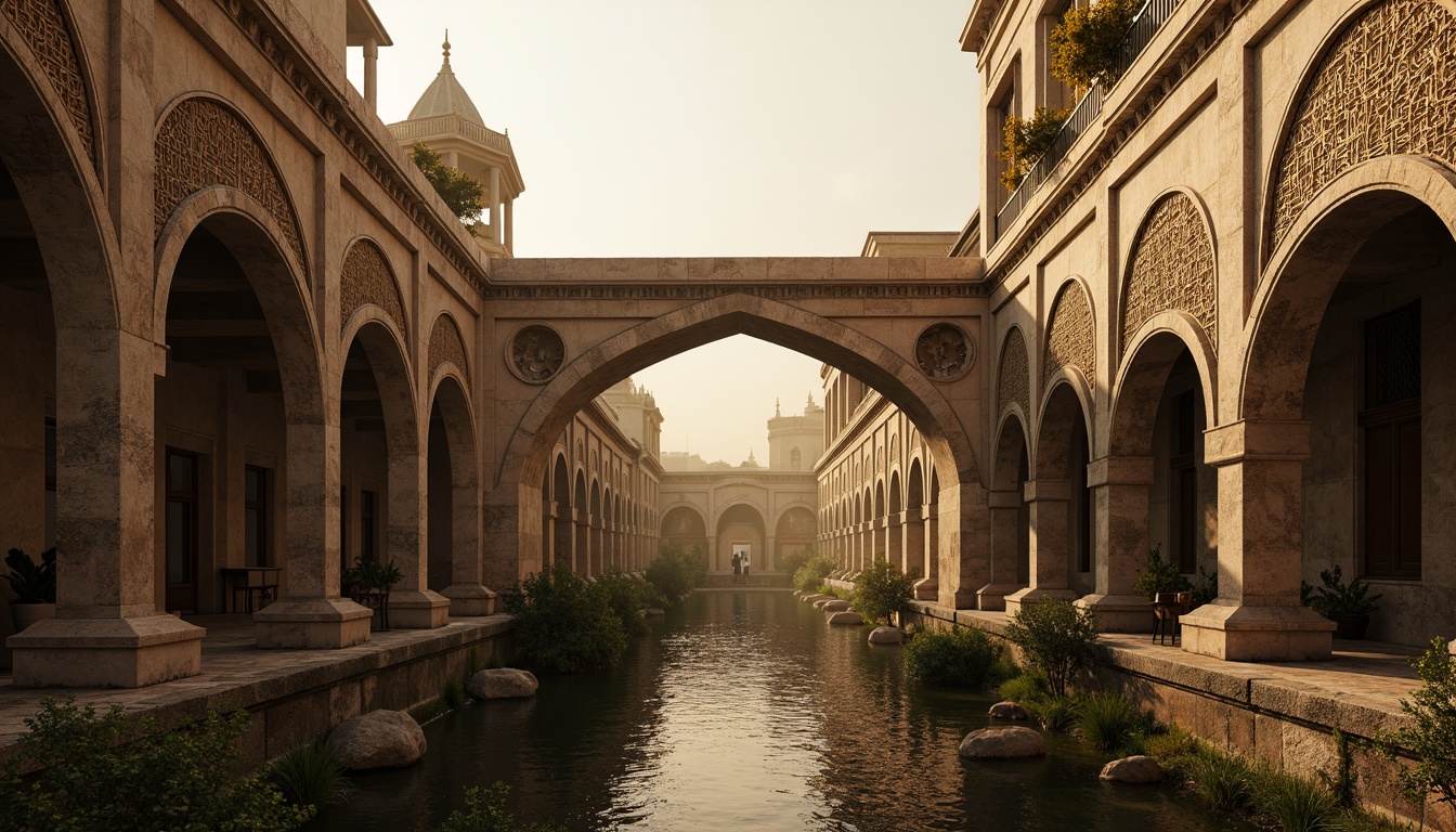 Prompt: Ancient bridge, Byzantine architecture, stone arches, ornate carvings, rusticated stonework, rough-hewn stones, weathered textures, arched windows, pointed domes, grand scale, majestic structure, intricate masonry, ornamental patterns, warm golden lighting, atmospheric mist, soft focus, 1/2 composition, symmetrical framing, realistic stone details, ambient occlusion.Please let me know if this meets your requirements!