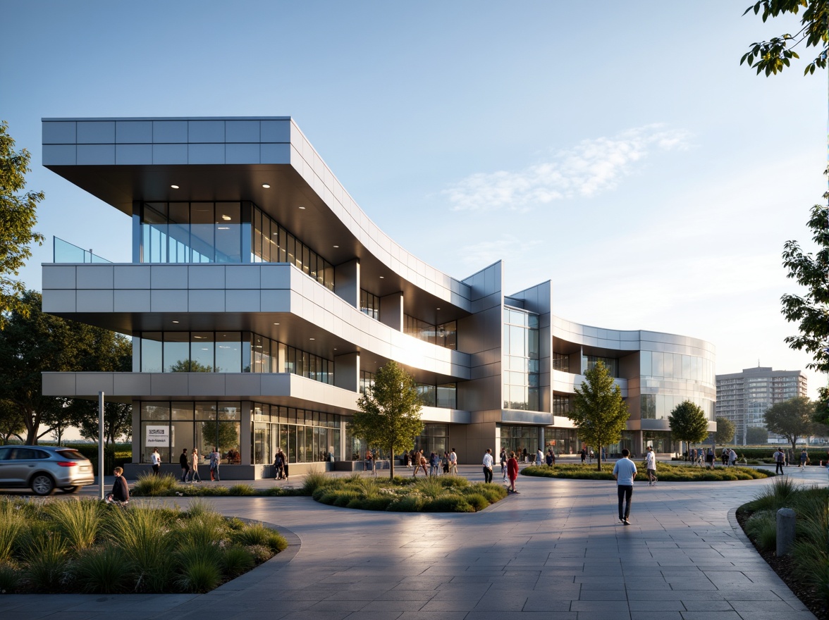 Prompt: Sleek modern school building, streamlined facade, minimalist architecture, clean lines, curved edges, silver metal cladding, large glass windows, cantilevered rooflines, dynamic LED lighting, futuristic ambiance, urban cityscape, morning sunlight, shallow depth of field, 1/2 composition, realistic reflections, subtle texture details.