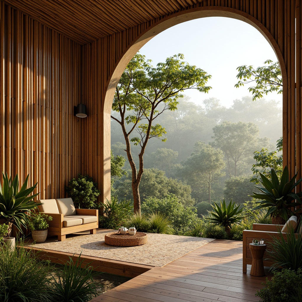 Prompt: Sustainable bamboo architecture, eco-friendly buildings, natural materials, organic textures, curved lines, minimalist design, open floor plans, abundant natural light, warm earthy tones, tropical environments, lush greenery, misty mornings, soft diffused lighting, shallow depth of field, 1/1 composition, realistic renders, ambient occlusion.