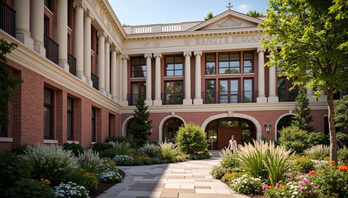 Prompt: Traditional school building, symmetrical fa\u00e7ade, Doric columns, ornate stone carvings, rusticated base, arched windows, classical pediments, red brick exterior, cream-colored trim, grand entrance, wooden doors, polished brass hardware, lush greenery, vibrant flowers, courtyard garden, natural stone pathways, soft warm lighting, shallow depth of field, 3/4 composition, realistic textures, ambient occlusion.