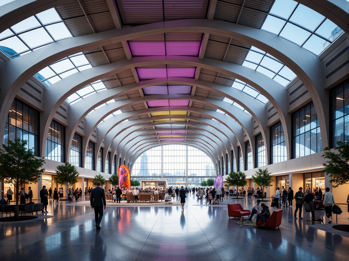 Prompt: Vibrant airport terminal, dynamic curves, cantilevered roofs, futuristic LED lighting, sleek metal beams, polished concrete floors, glass facades, minimalist furniture, modern sculptures, abstract art installations, bustling crowd scenes, warm natural light, shallow depth of field, 1/2 composition, low-angle shots, realistic reflections, ambient occlusion.