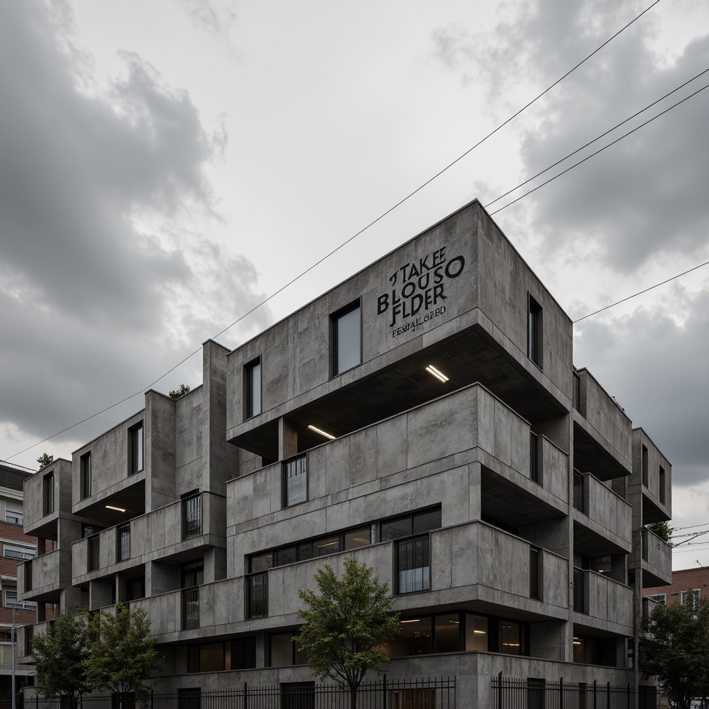 Prompt: Industrial brutalist building, raw concrete walls, metal beams, minimalist aesthetic, functional simplicity, primary color palette, bold typography, geometric shapes, clean lines, monochromatic tones, urban cityscape, cloudy grey sky, dramatic spotlighting, high contrast ratio, 1/1 composition, sharp focus, realistic render, subtle ambient occlusion.