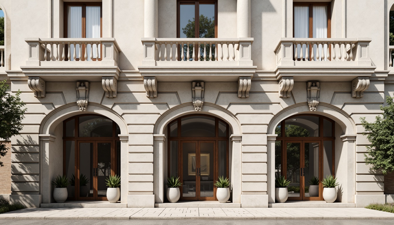 Prompt: Elegant classical facade, symmetrical composition, ornate columns, intricately carved details, grand entranceways, sweeping arches, decorative cornices, limestone walls, neutral color palette, subtle texture variations, balanced proportions, harmonious rhythm, soft natural lighting, 1/1 aspect ratio, realistic material rendering, ambient occlusion.